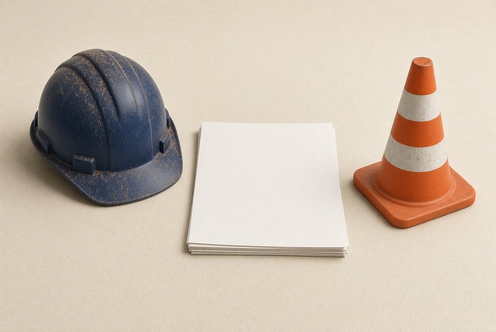 Hard hat, blank certificate stack and a traffic cone